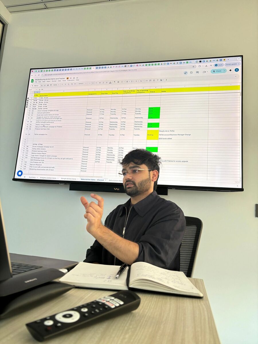 Adshastra media buying action items and tracker — daily campaign optimization across Meta and Google for client brands